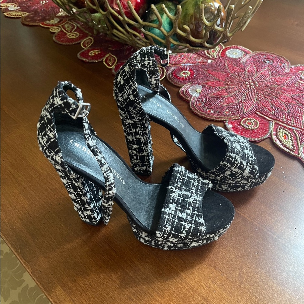 Chinese Laundry Black and White Tweed Heels